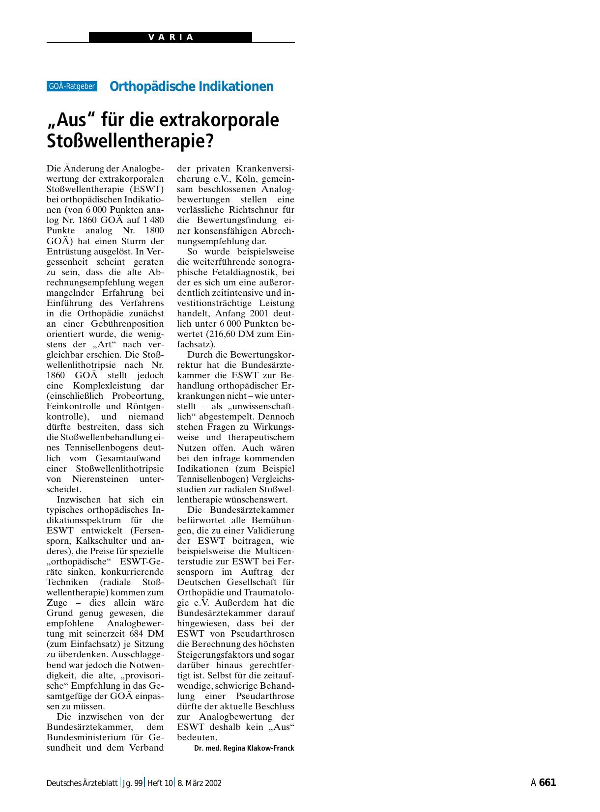 Vorschauseite 1: Orthopädische Indikationen: „Aus“ für die extrakorporale Stoßwellentherapie?