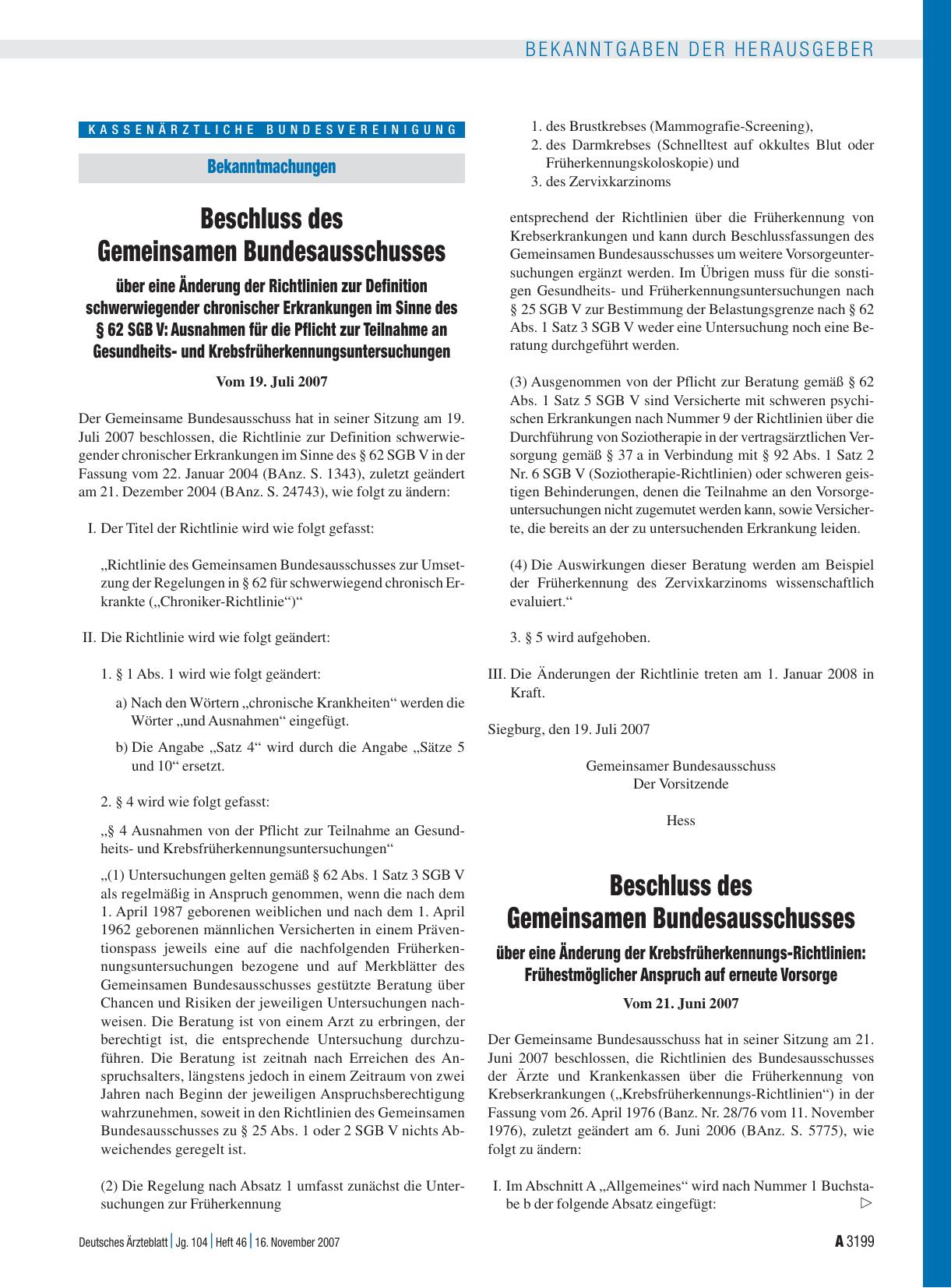 Vorschauseite 1: Bekanntmachungen: Beschluss des Gemeinsamen Bundesausschusses