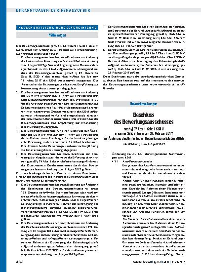 Vorschauseite 1: Beschluss des Bewertungsausschusses nach § 87 Abs. 1 Satz 1 SGB V in seiner 389. Sitzung am 21. Februar 2017 zur Änderung des Einheitlichen Bewertungsmaßstabes (EBM) mit Wirkung z…