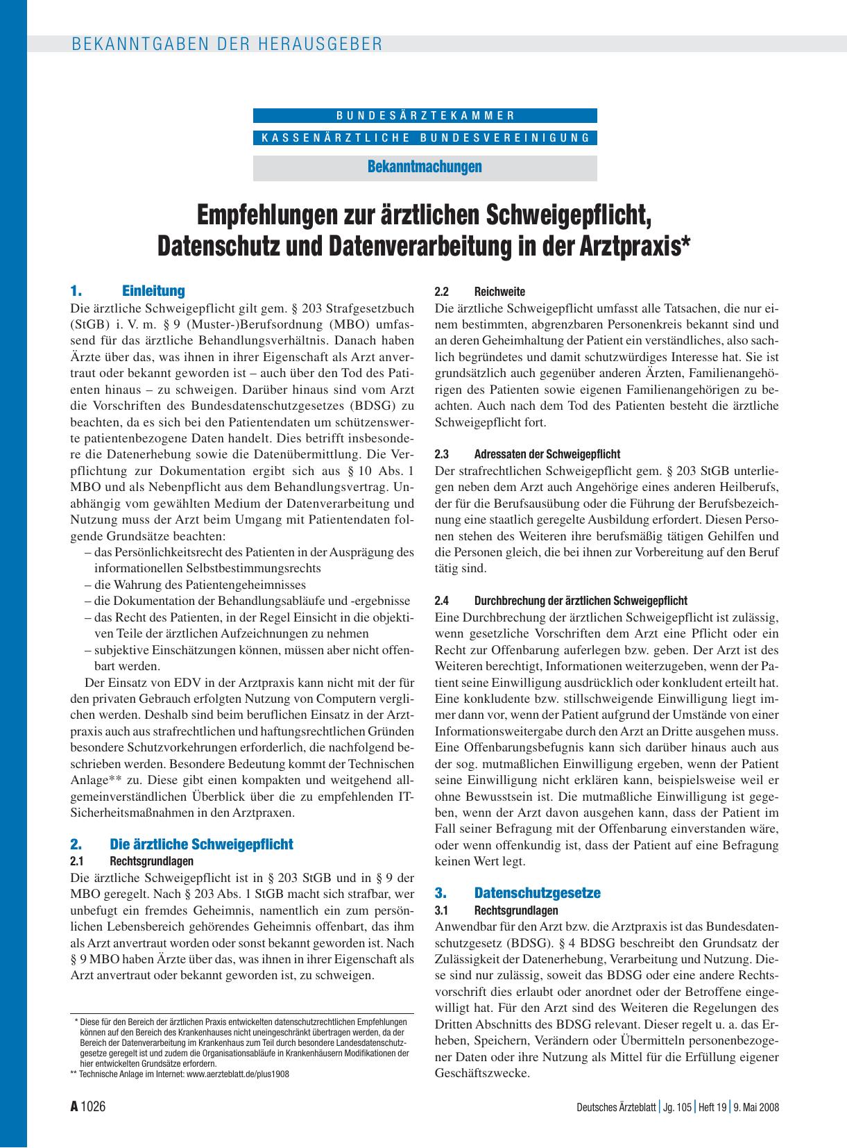 Vorschauseite 1: Bekanntmachungen: Empfehlungen zur ärztlichen Schweigepflicht, Datenschutz und Datenverarbeitung in der Arztpraxis*