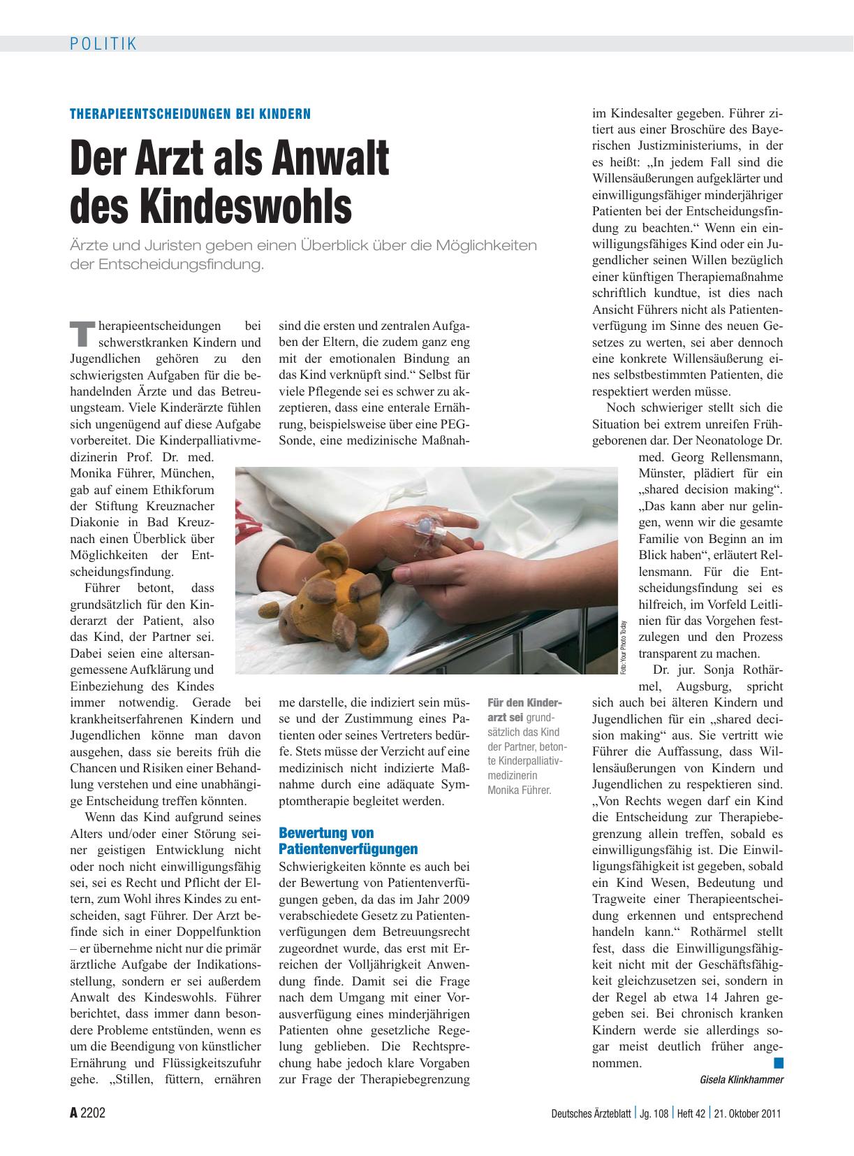 Vorschauseite 1: Therapieentscheidungen bei Kindern: Der Arzt als Anwalt des Kindeswohls