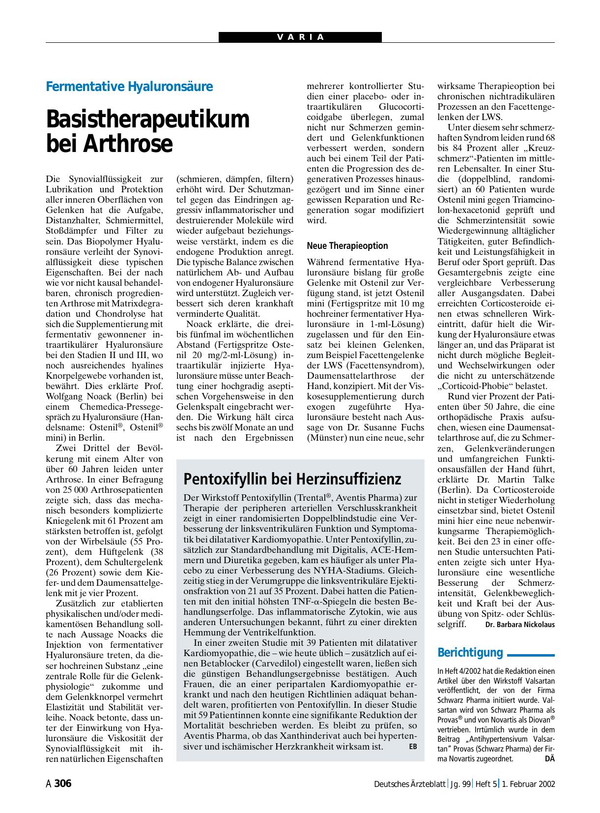 Vorschauseite 1: Fermentative Hyaluronsäure: Basistherapeutikum bei Arthrose