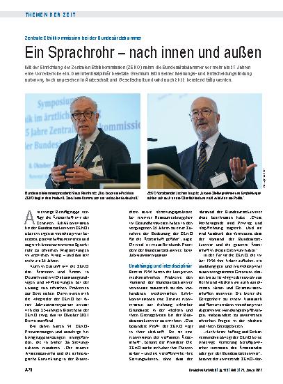 Vorschauseite 1: Zentrale Ethikkommission bei der Bundesärztekammer: Ein Sprachrohr – nach innen und außen