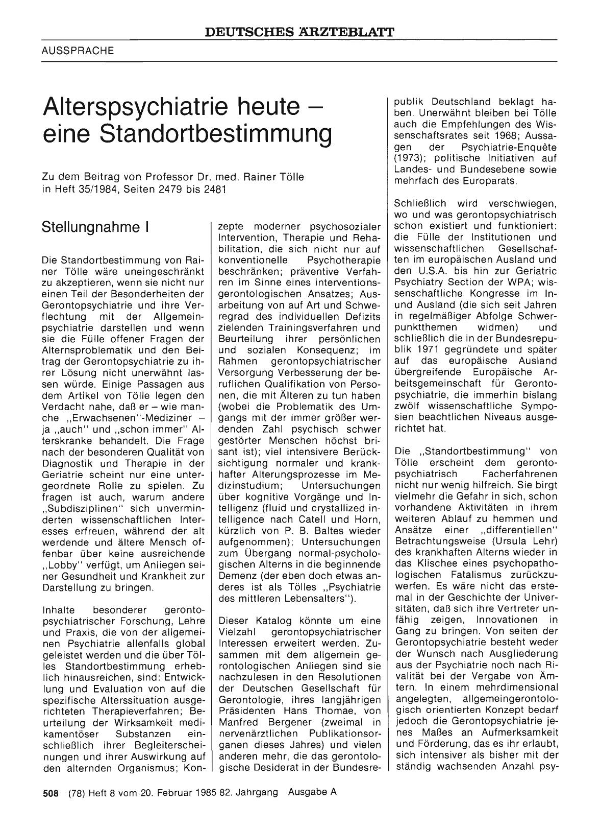 Vorschauseite 1: Alterspsychiatrie heute — eine Standortbestimmung: Stellungnahme I