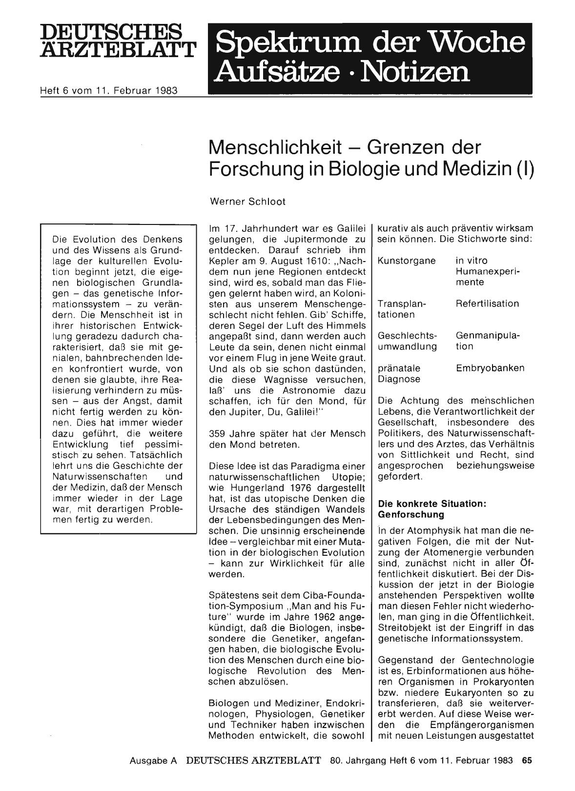 Vorschauseite 1: Menschlichkeit — Grenzen der Forschung in Biologie und Medizin (1)