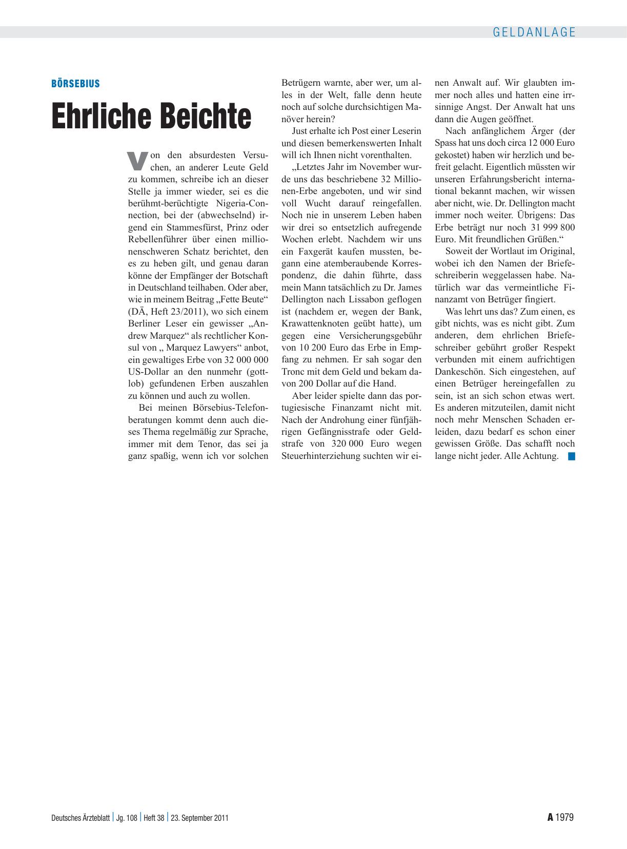 Vorschauseite 1: Börsebius: Ehrliche Beichte