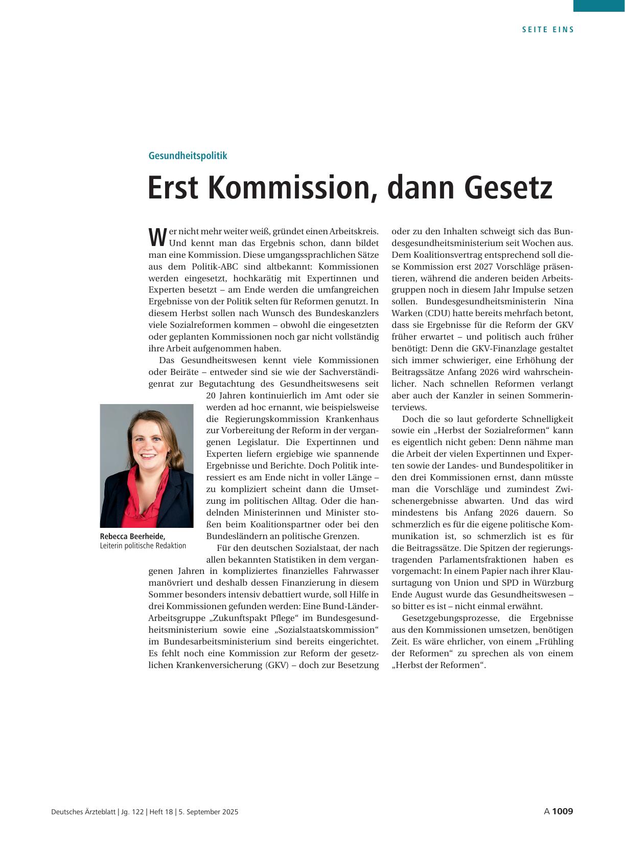 Vorschauseite 1: Gesundheitspolitik: Erst Kommission, dann Gesetz