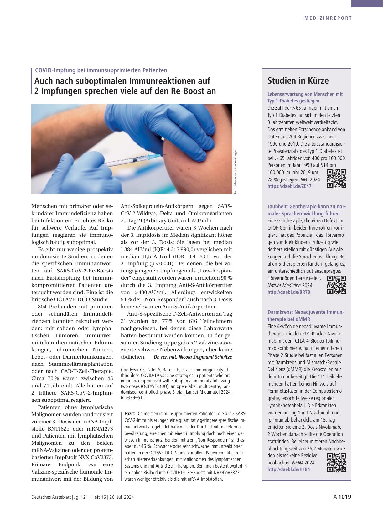 Vorschauseite 1: COVID-Impfung bei immunsupprimierten Patienten: Auch nach suboptimalen Immunreaktionen auf 2 Impfungen sprechen viele auf den Re-Boost an.