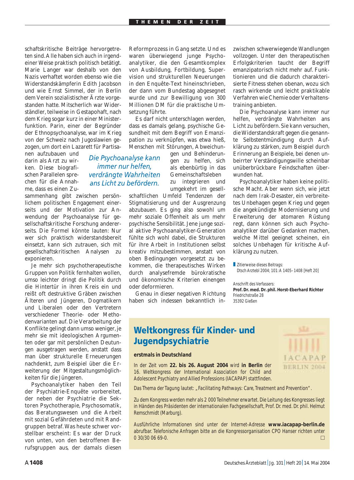Vorschauseite 1: Weltkongress für Kinderund Jugendpsychiatrie erstmals in Deutschland