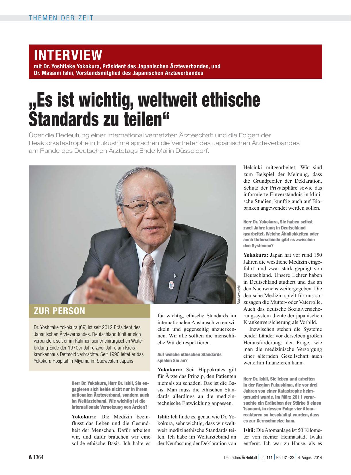 Vorschauseite 1: Interview mit Dr. Yoshitake Yokokura, Präsident des Japanischen Ärzteverbandes, und Dr. Masami Ishii, Vorstandsmitglied des Japanischen Ärzteverbandes: „Es ist wichtig, weltweit e…