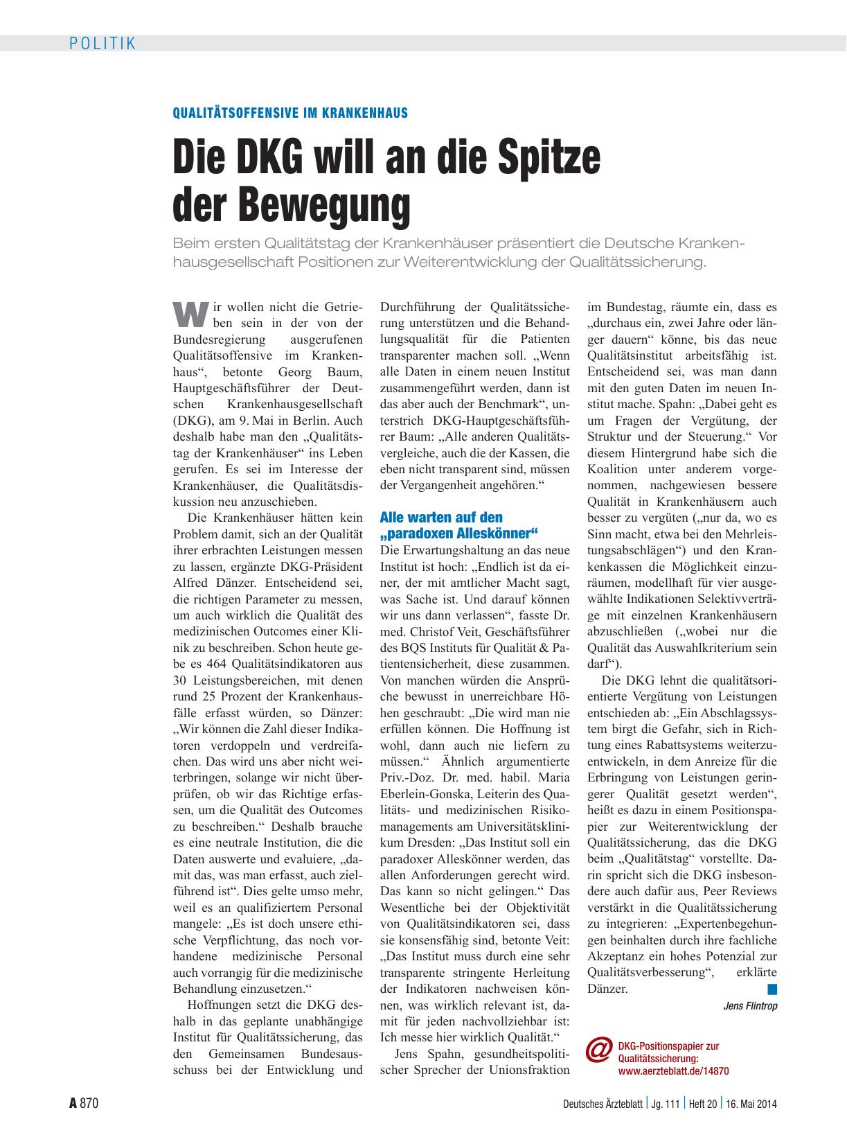 Vorschauseite 1: Qualitätsoffensive im Krankenhaus: Die DKG will an die Spitze der Bewegung