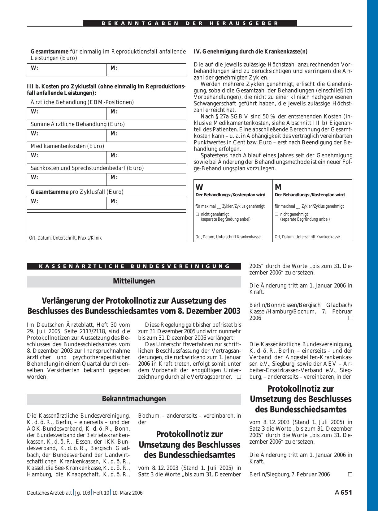 Vorschauseite 1: Mitteilungen: Verlängerung der Protokollnotiz zur Aussetzung des Beschlusses des Bundesschiedsamtes vom 8. Dezember 2003
