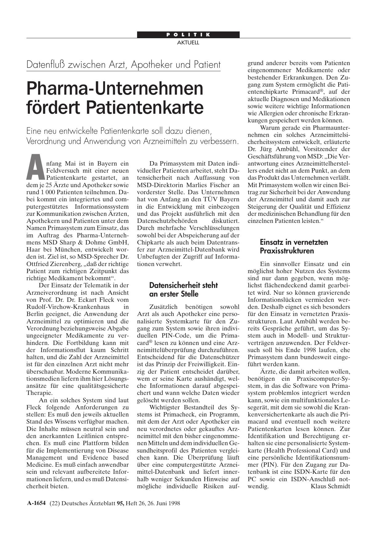 Vorschauseite 1: Datenfluß zwischen Arzt, Apotheker und Patient: Pharma-Unternehmen fördert Patientenkarte