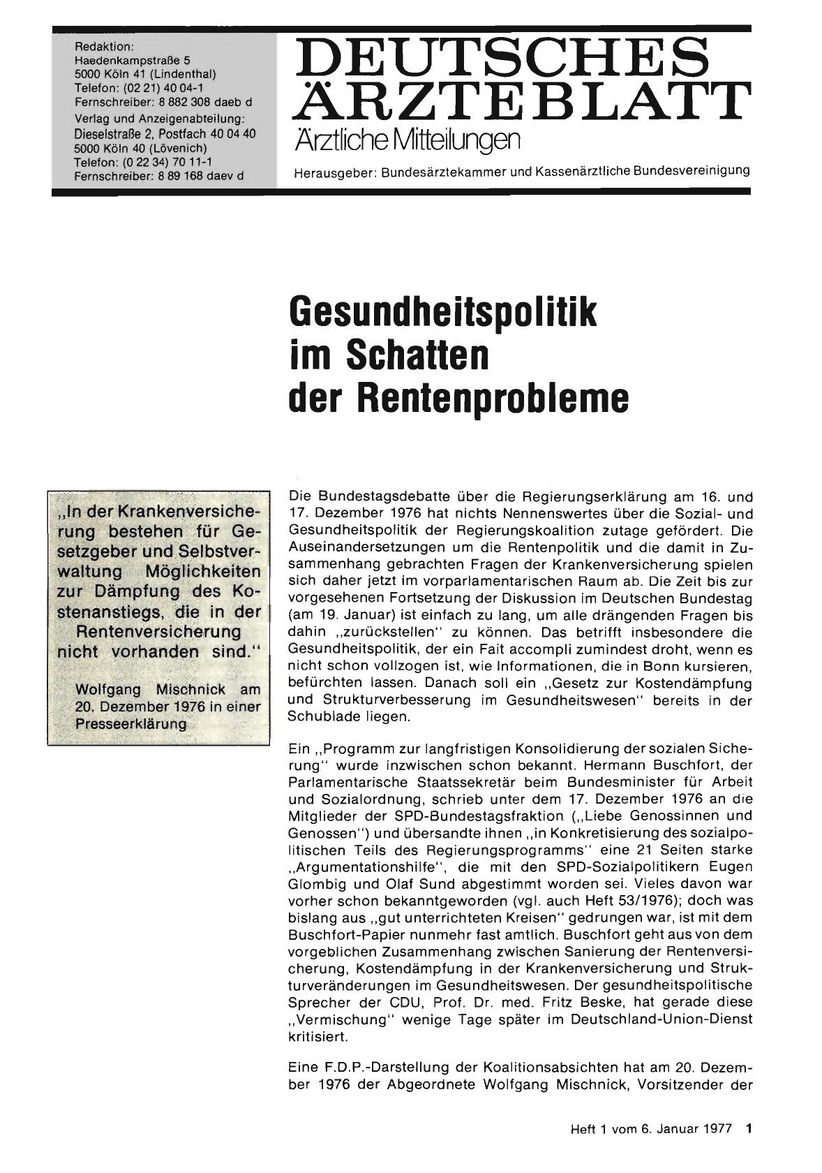 Vorschauseite 1: Gesundheitspolitik im Schatten der Rentenprobleme