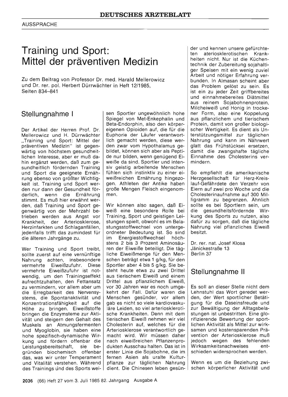 Vorschauseite 1: Training und Sport: Mittel der präventiven Medizin: Stellungnahme II