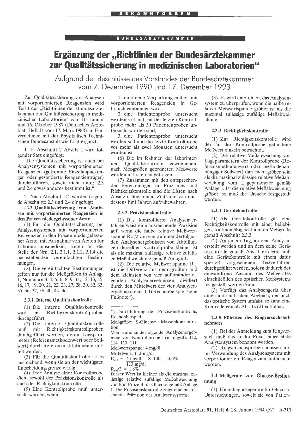 Vorschauseite 1: Ergänzung der „Richtlinien der Bundesärztekammer zur Qualitätssicherung in medizinischen Laboratorien“