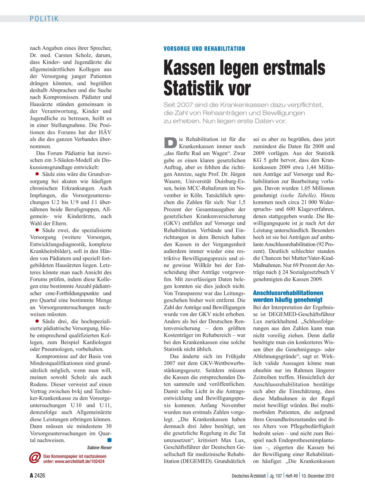 Vorschauseite 1: Vorsorge und Rehabilitation: Kassen legen erstmals Statistik vor