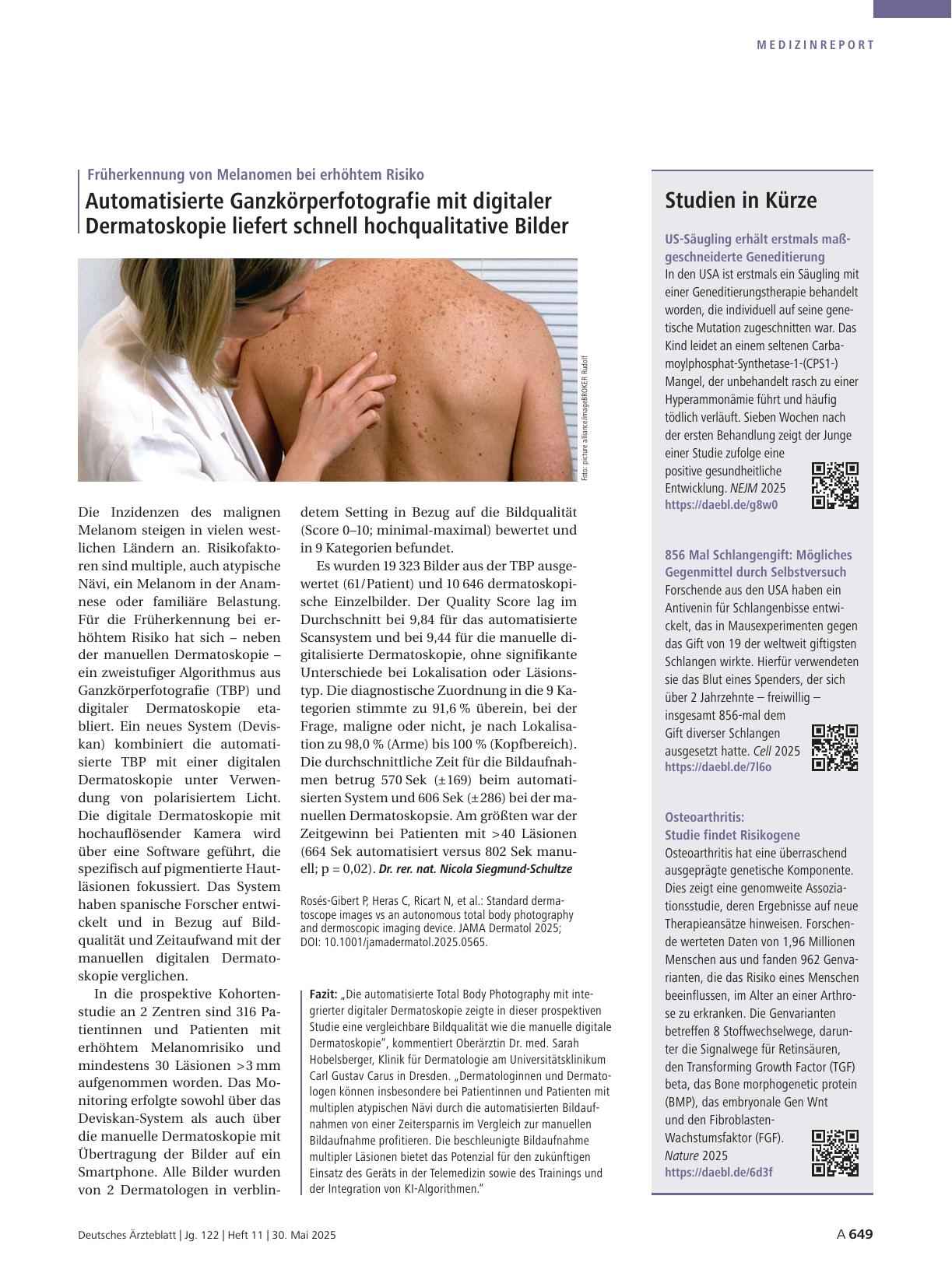 Vorschauseite 1: Früherkennung von Melanomen bei erhöhtem Risiko: Automatisierte Ganzkörperfotografie mit digitaler Dermatoskopie liefert schnell hochqualitative Bilder.