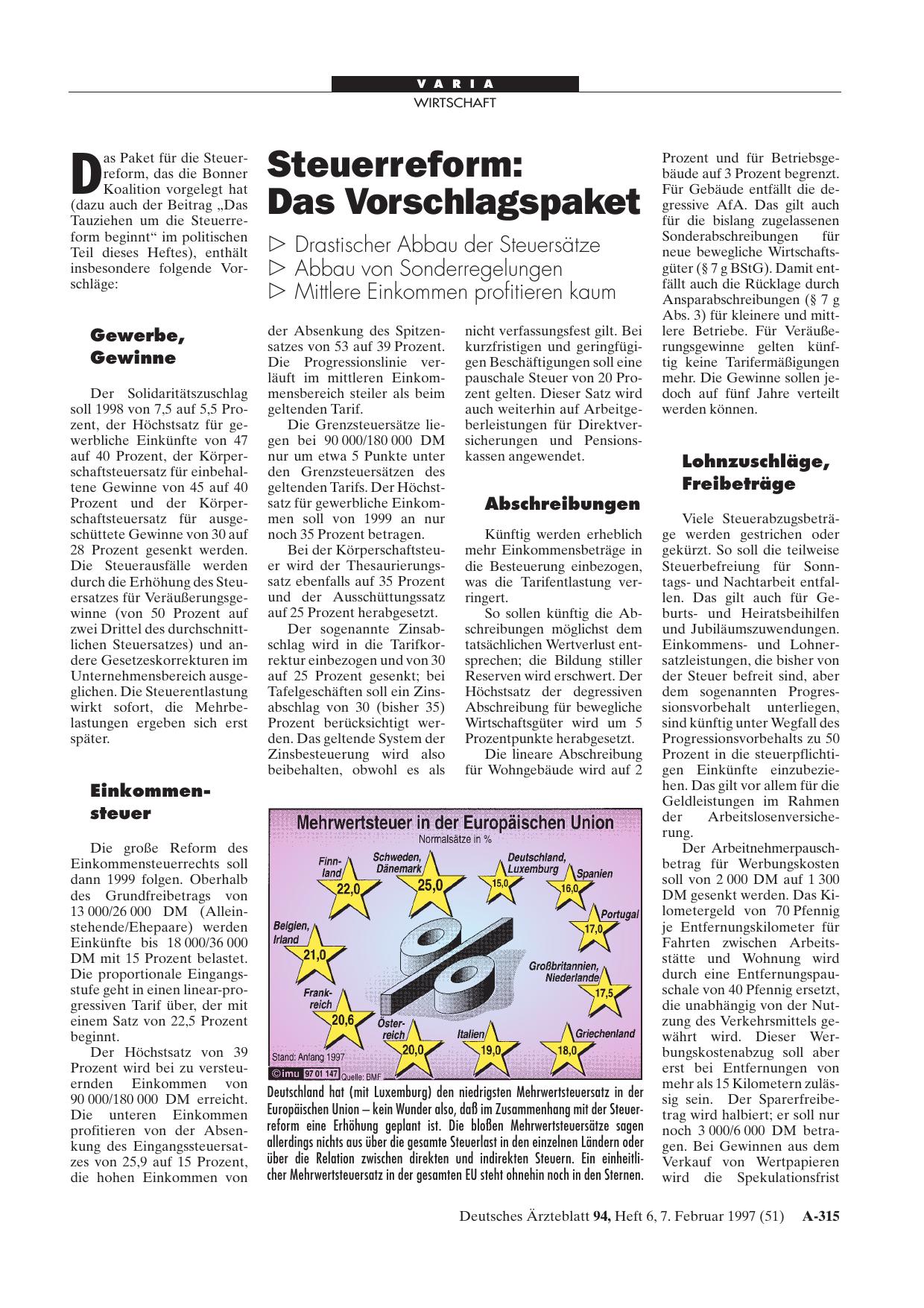 Vorschauseite 1: Steuerreform: Das Vorschlagspaket - Drastischer Abbau der Steuersätze - Abbau von Sonderregelungen - Mittlere Einkommen profitieren kaum