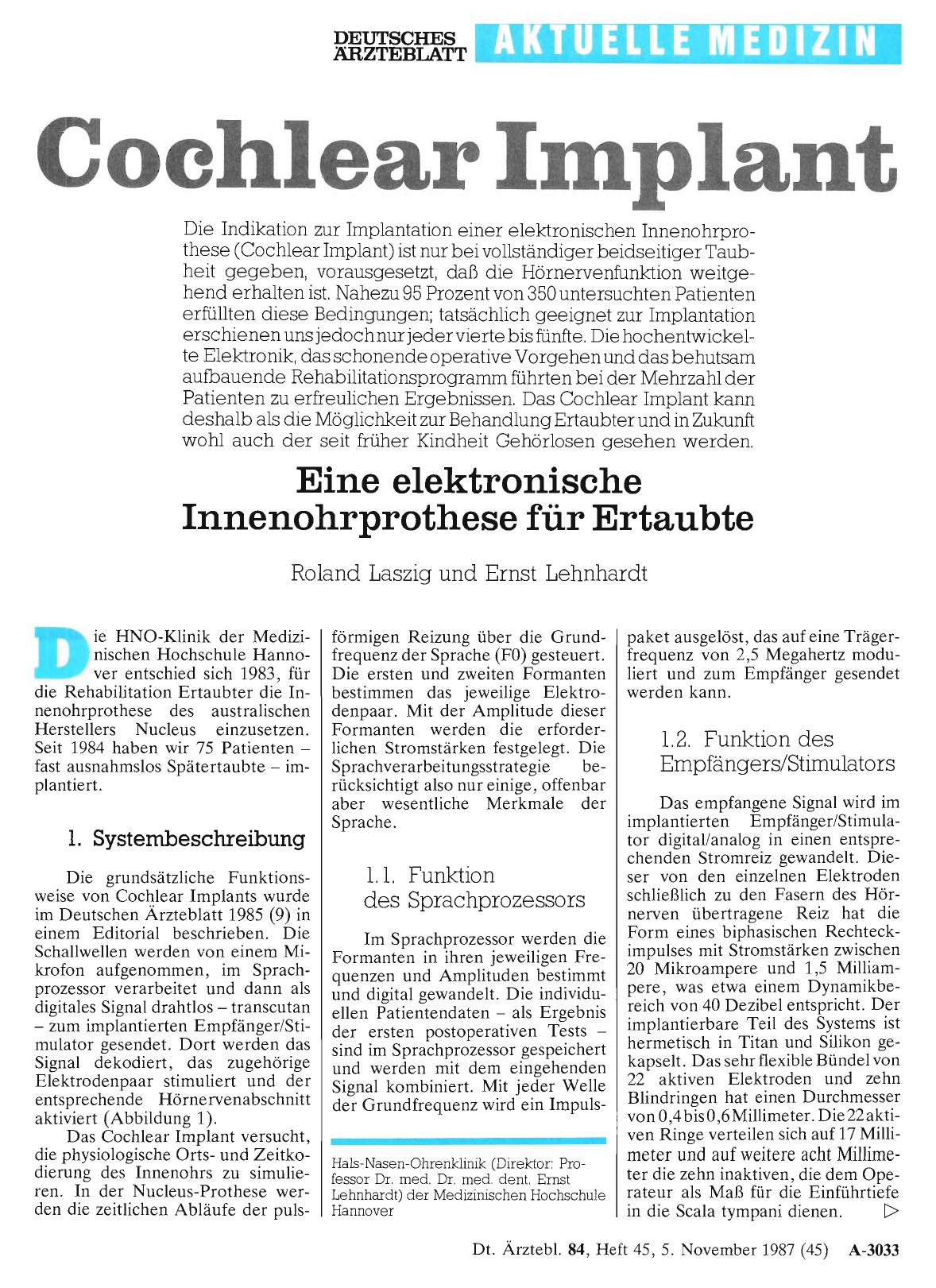 Vorschauseite 1: Cochlear Implant: Eine elektronische Innenohrprothese für Ertaubte