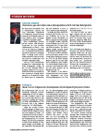 Vorschauseite 1: Ischämischer Schlaganfall: Intravenöse Lyse nach Gabe oraler Antikoagulantien erhöht nicht das Blutungsrisiko.