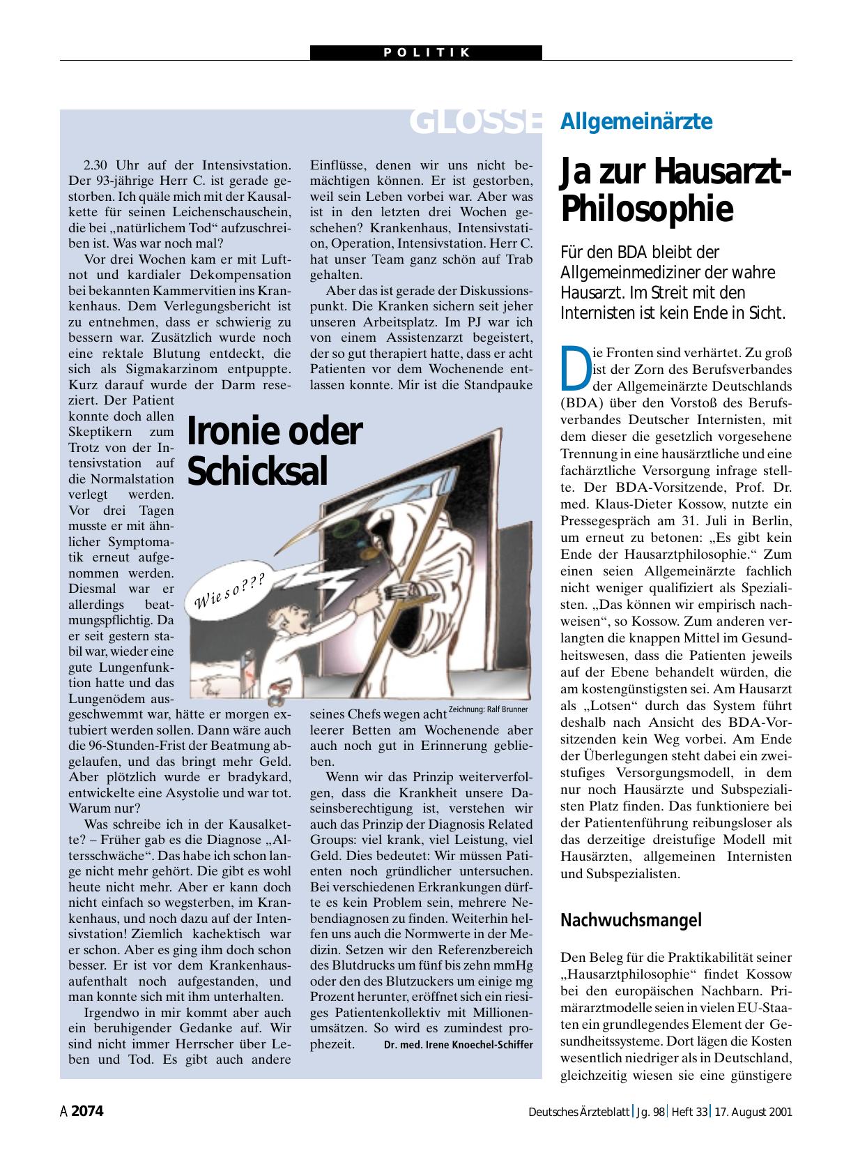 Vorschauseite 1: Allgemeinärzte: Ja zur Hausarzt-Philosophie