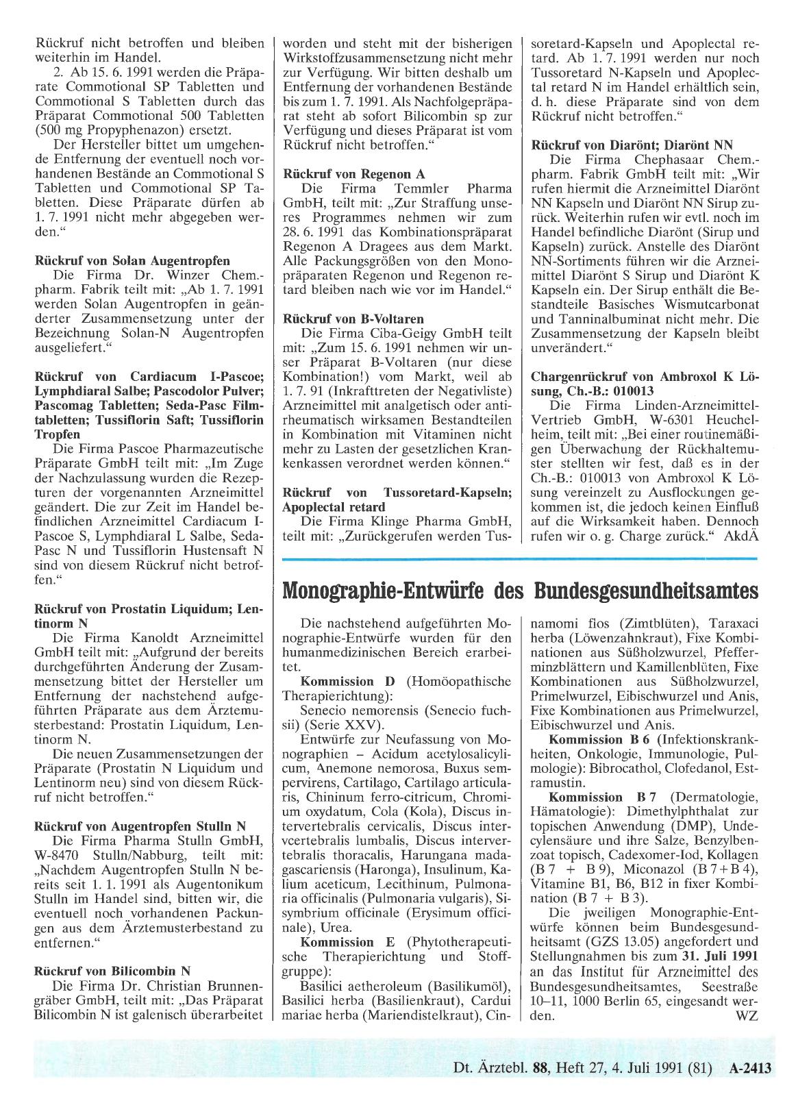 Vorschauseite 1: Monographie-Entwürfe des Bundesgesundheitsamtes
