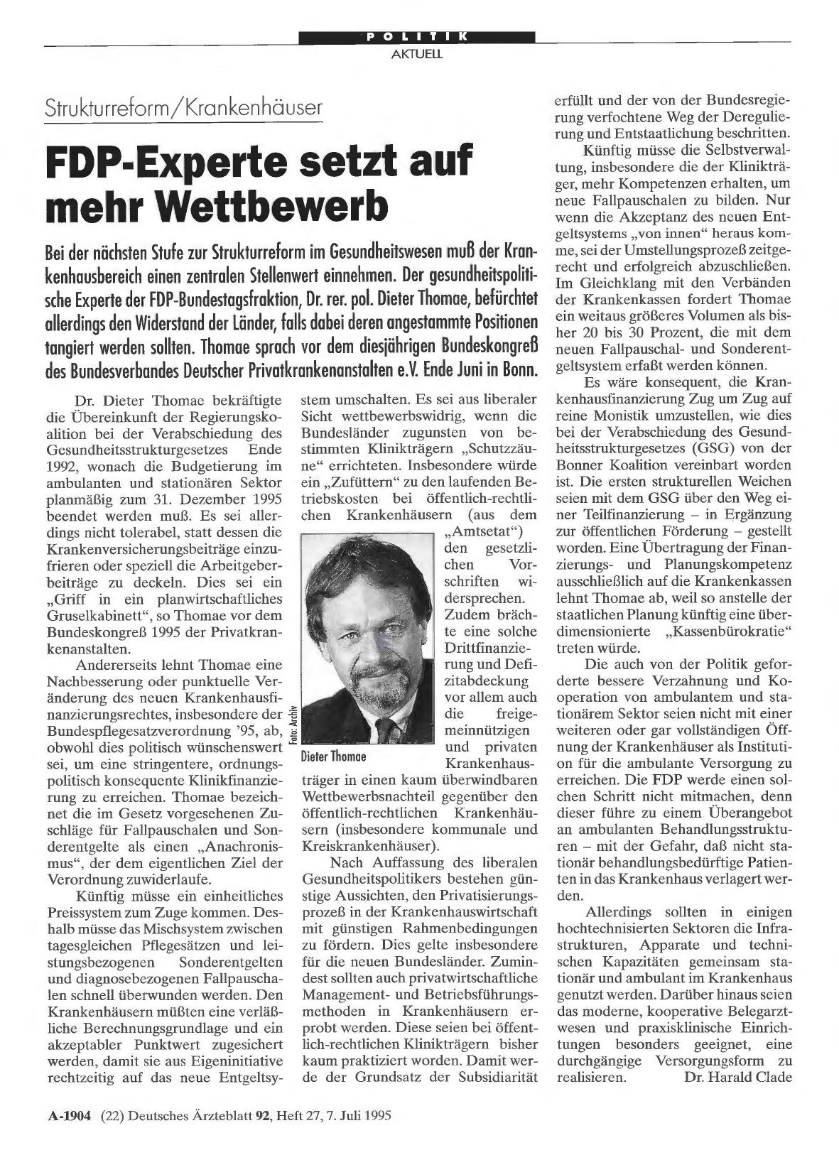 Vorschauseite 1: Strukturreform/Krankenhäuser: FDP-Experte setzt auf mehr Wettbewerb