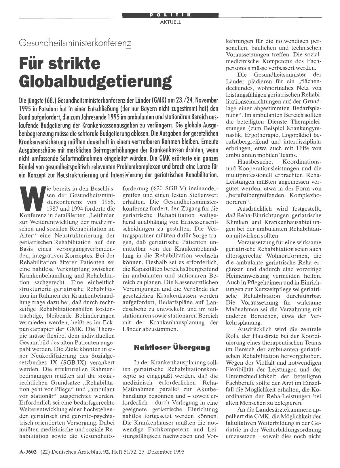 Vorschauseite 1: Gesundheitsministerkonferenz: Für strikte Globalbudgetierung