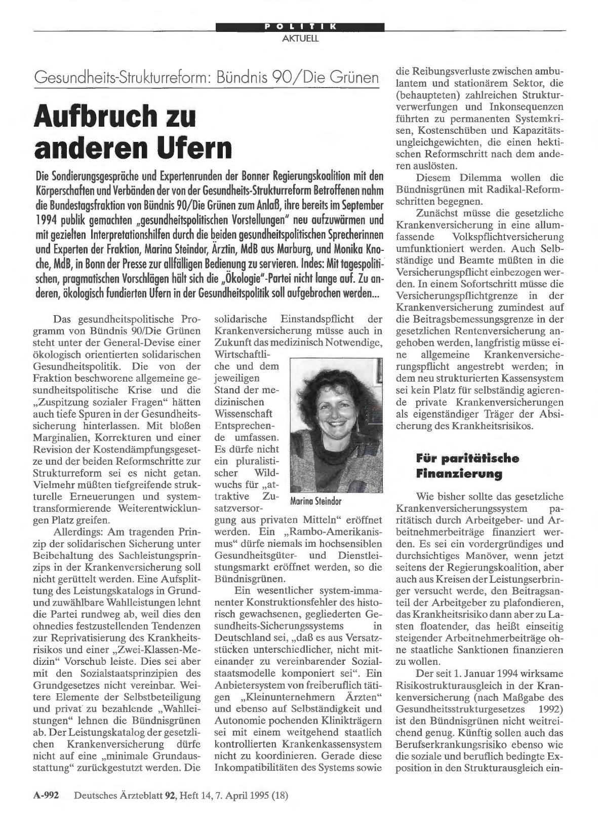 Vorschauseite 1: Gesundheits-Strukturreform: Bündnis 90/Die Grünen: Aufbruch zu anderen Ufern