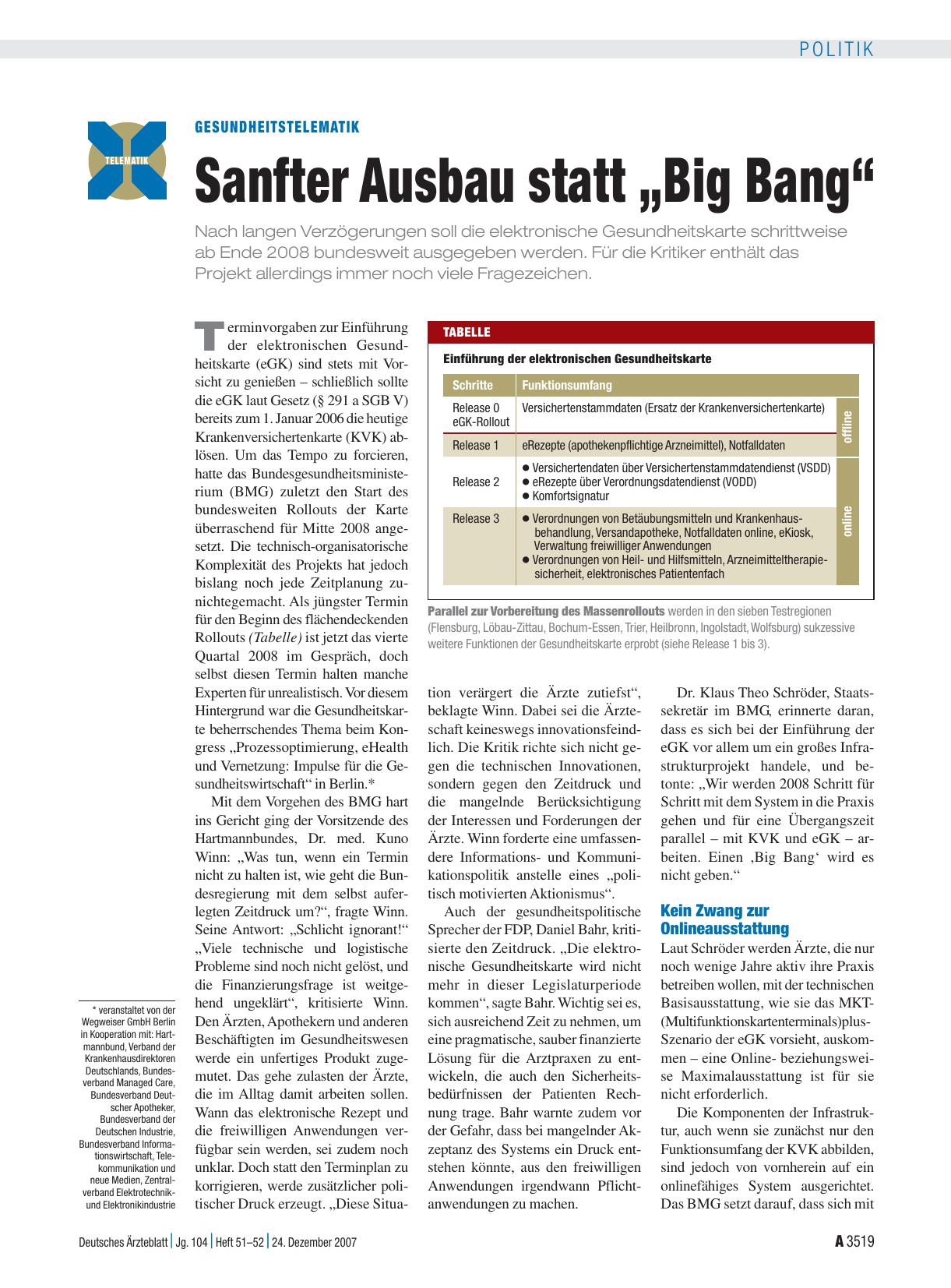 Vorschauseite 1: Gesundheitstelematik: Sanfter Ausbau statt „Big Bang“
