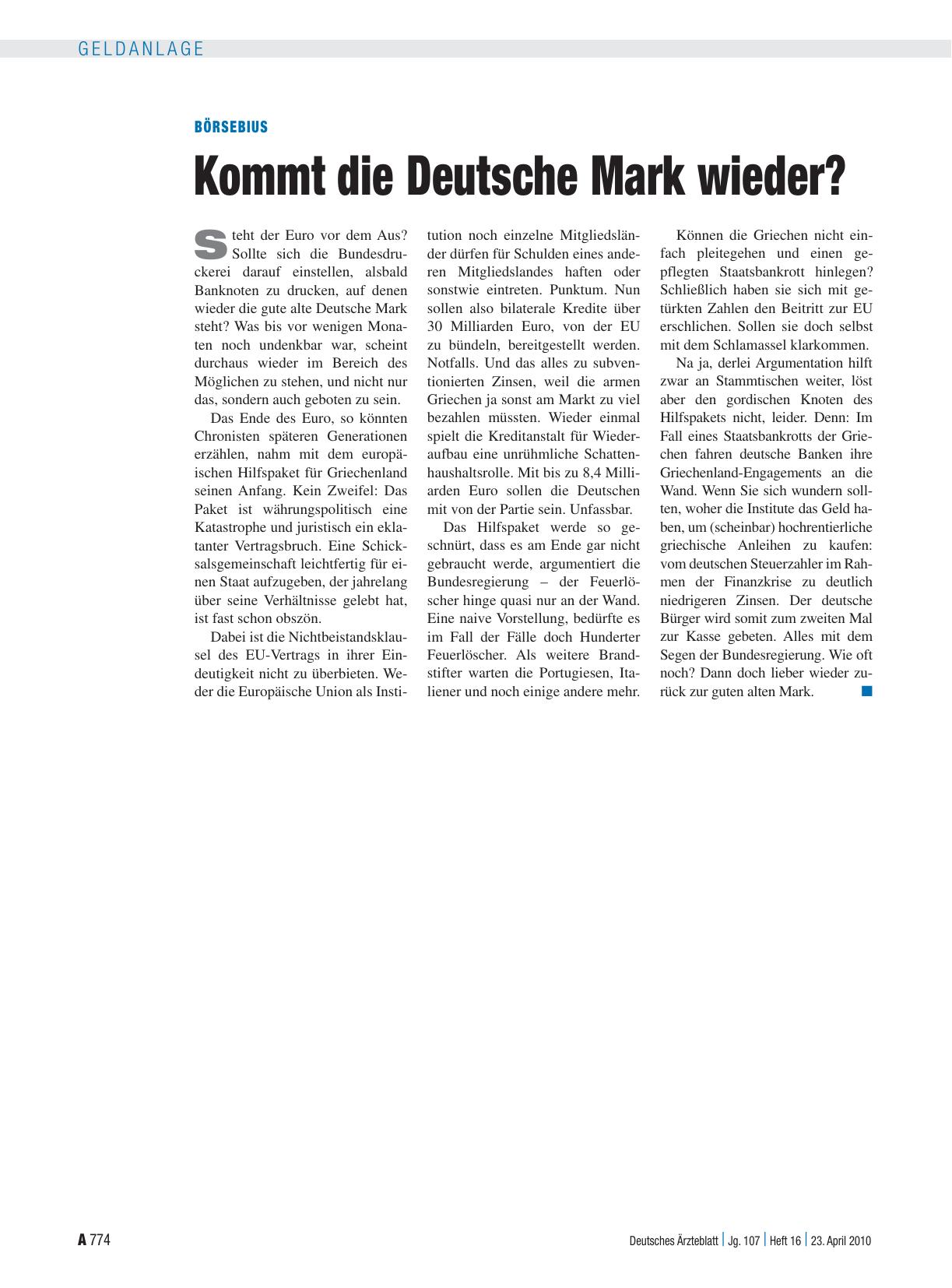 Vorschauseite 1: Börsebius: Kommt die Deutsche Mark wieder?