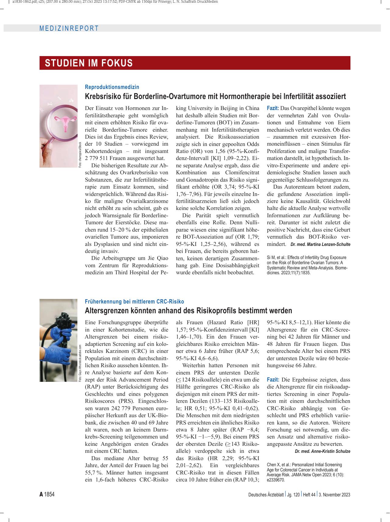 Vorschauseite 1: Reproduktionsmedizin: Krebsrisiko für Borderline-Ovarialtumore mit Hormontherapie bei Infertilität assoziiert