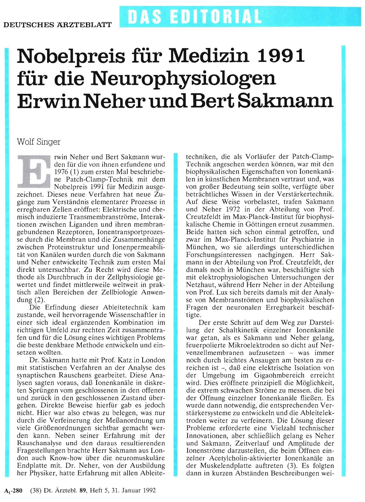Vorschauseite 1: Nobelpreis für Medizin 1991 für die Neurophysiologen Erwin Neher und Bert Sakmann