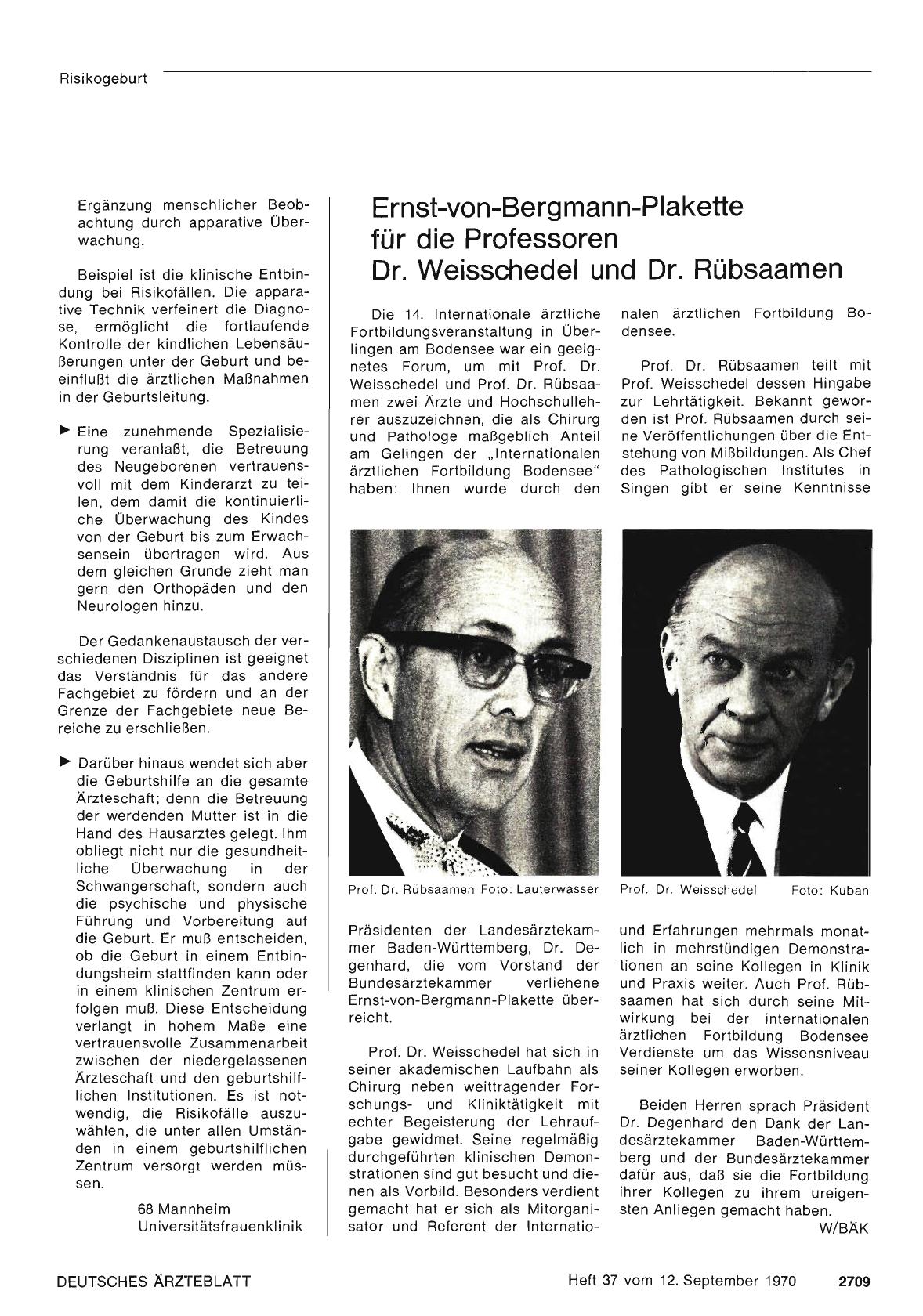 Vorschauseite 1: Ernst-von-Bergmann-Plakette für die Professoren Dr. Weisschedel und Dr. Rübsaamen