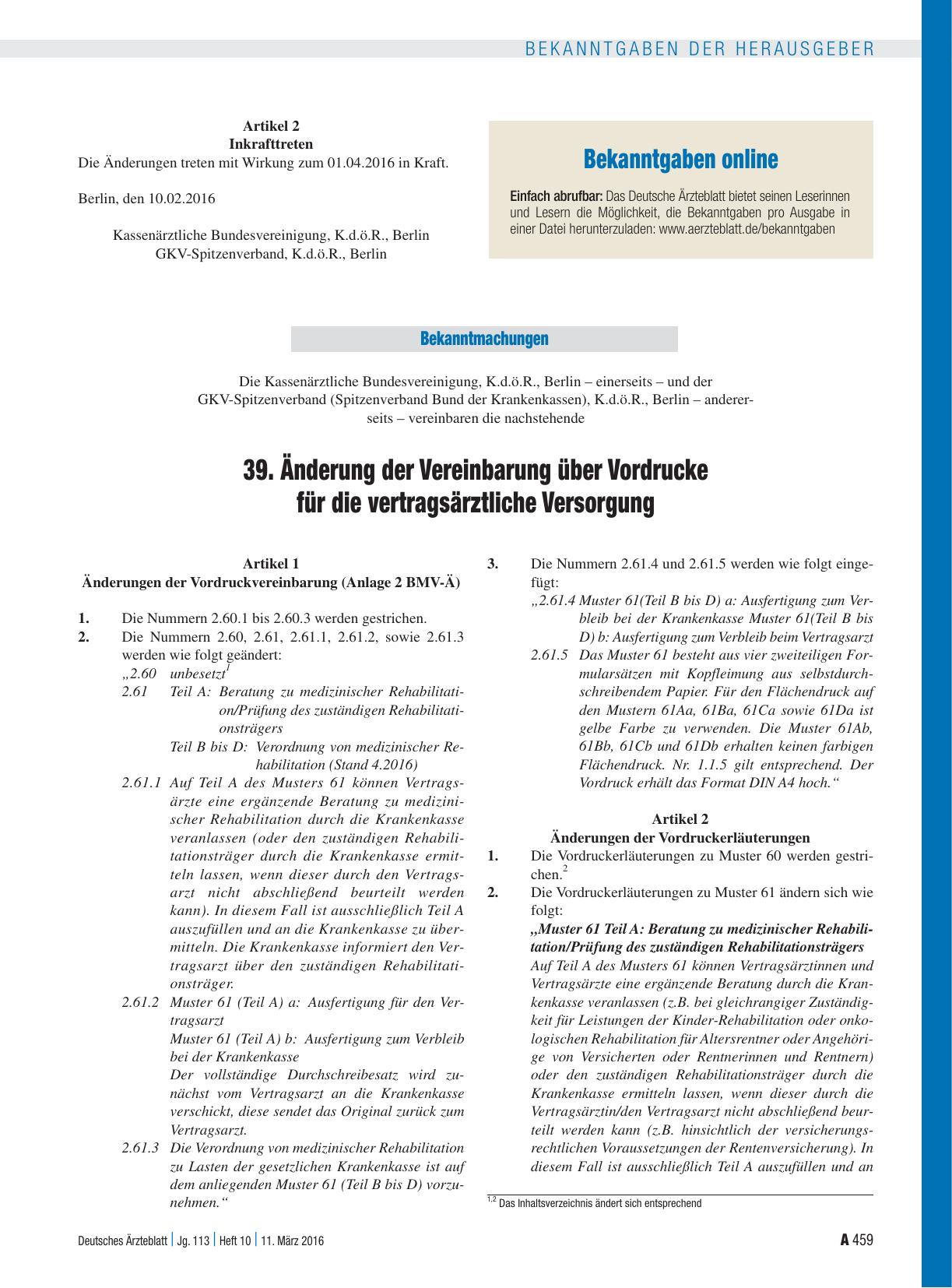 Vorschauseite 1: 39. Änderung der Vereinbarung über Vordrucke für die vertragsärztliche Versorgung