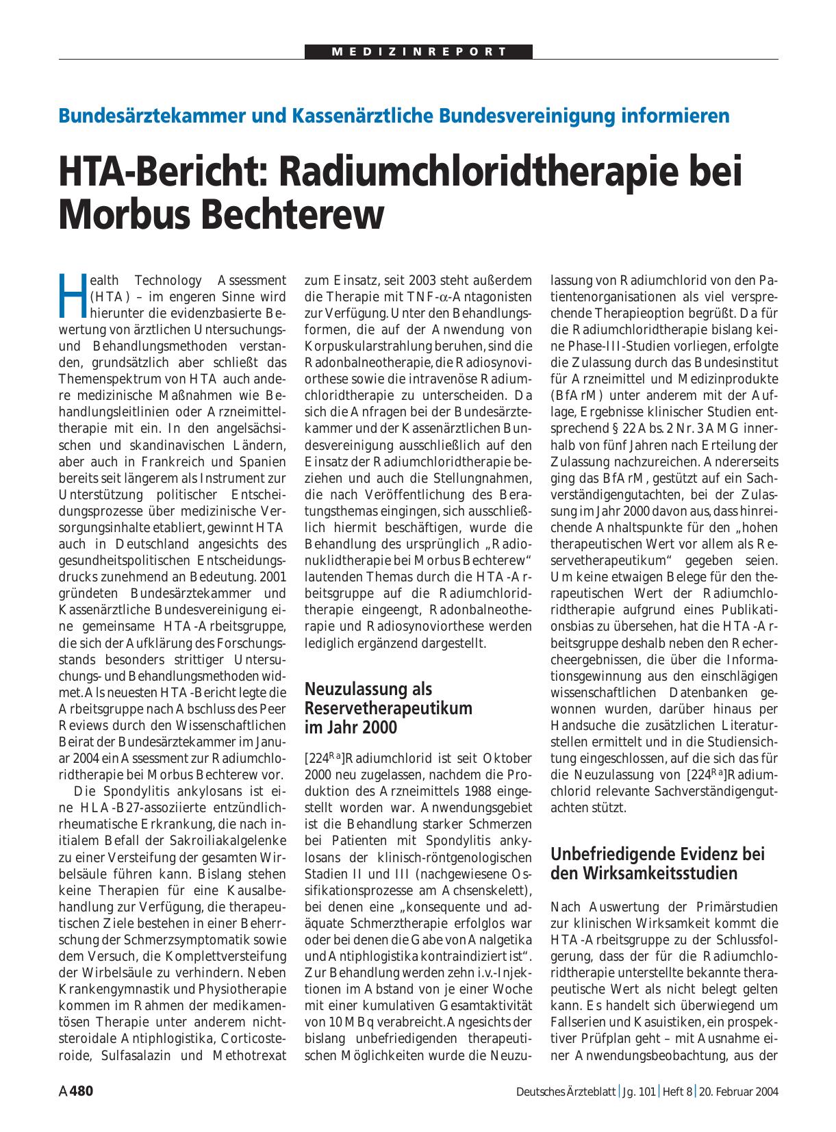 Vorschauseite 1: Bundesärztekammer und Kassenärztliche Bundesvereinigung informieren: HTA-Bericht - Radiumchloridtherapie bei Morbus Bechterew