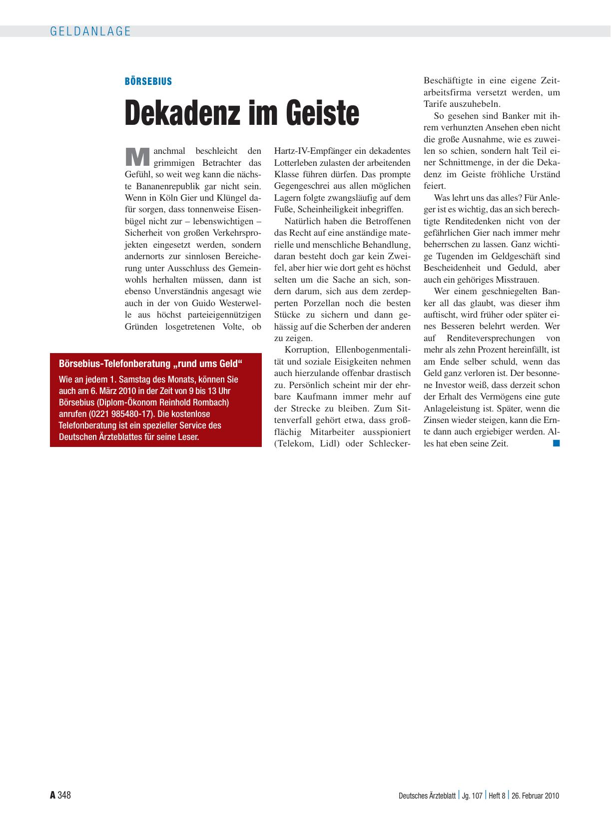 Vorschauseite 1: Börsebius: Dekadenz im Geiste