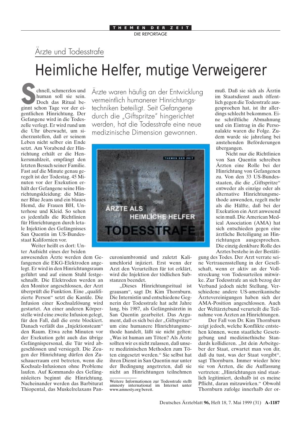 Vorschauseite 1: Ärzte und Todesstrafe: Heimliche Helfer, mutige Verweigerer