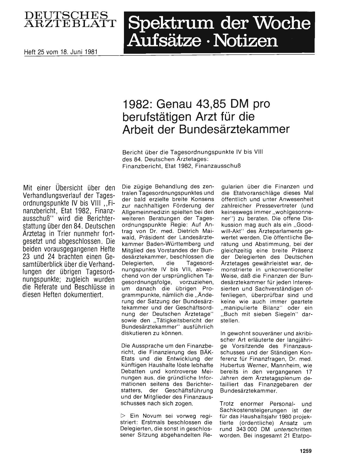 Vorschauseite 1: 1982: Genau 43, 85 DM pro berufstätigen Arzt für die Arbeit der Bundesärztekammer