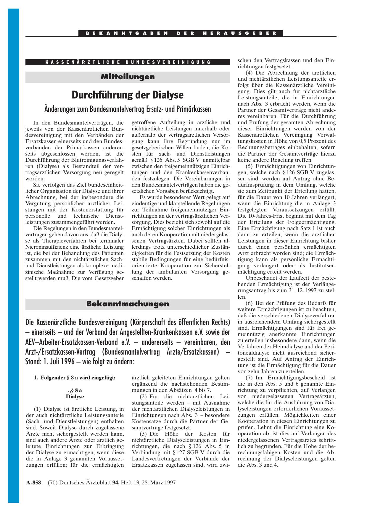 Vorschauseite 1: Mitteilungen: Durchführung der Dialyse Änderungen zum Bundesmantelvertrag Ersatzund Primärkassen