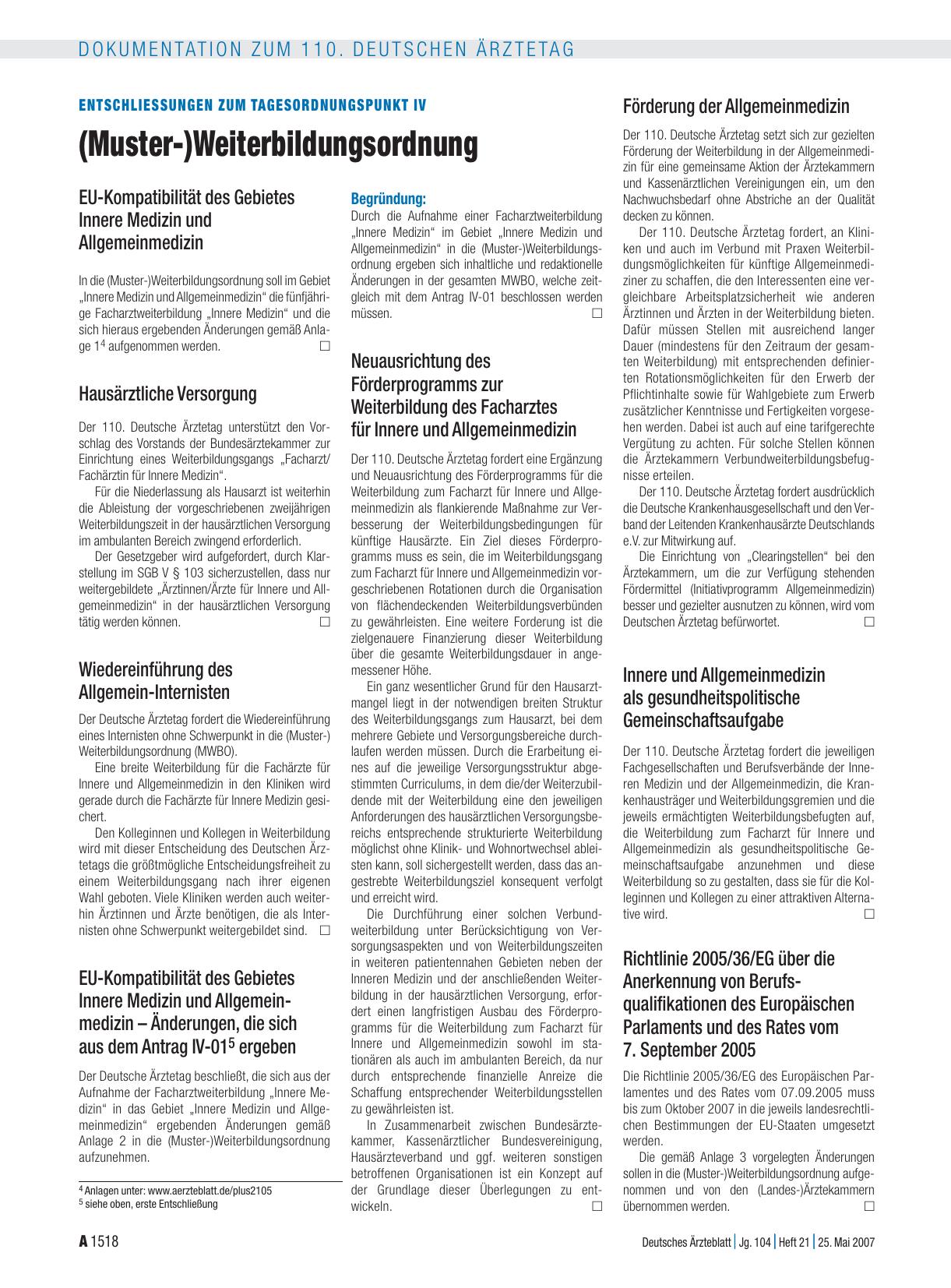 Vorschauseite 1: Entschliessungen zum Tagesordnungspunkt IV: (Muster-)Weiterbildungsordnung