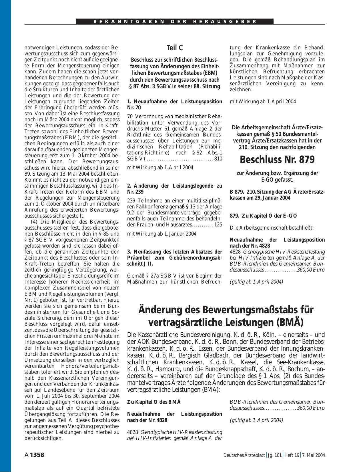 Vorschauseite 1: Änderung des Bewertungsmaßstabs für vertragsärztliche Leistungen (BMÄ)