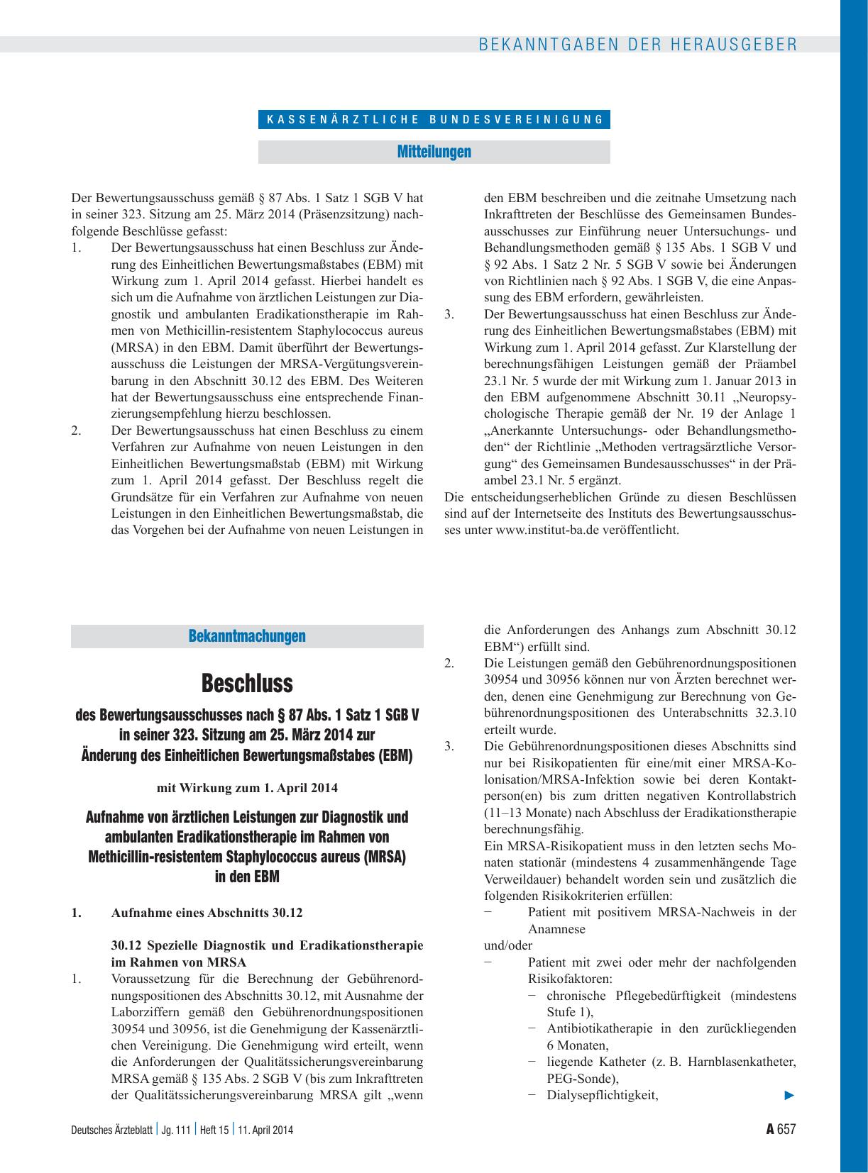 Vorschauseite 1: Beschluss des Bewertungsausschusses nach § 87 Abs. 1 Satz 1 SGB V in seiner 323. Sitzung am 25. März 2014 zur Änderung des Einheitlichen Bewertungsmaßstabes (EBM) – Aufnahme von ä…