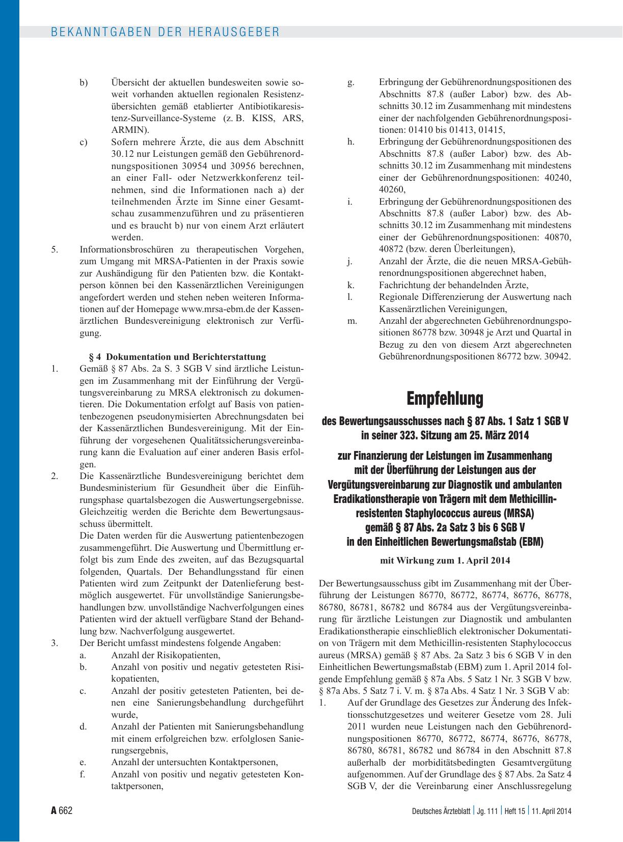 Vorschauseite 6: Beschluss des Bewertungsausschusses nach § 87 Abs. 1 Satz 1 SGB V in seiner 323. Sitzung am 25. März 2014 zur Änderung des Einheitlichen Bewertungsmaßstabes (EBM) – Aufnahme von ä…
