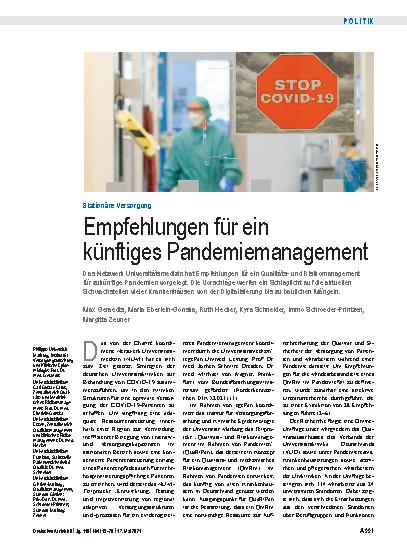Vorschauseite 1: Stationäre Versorgung: Empfehlungen für ein künftiges Pandemiemanagement