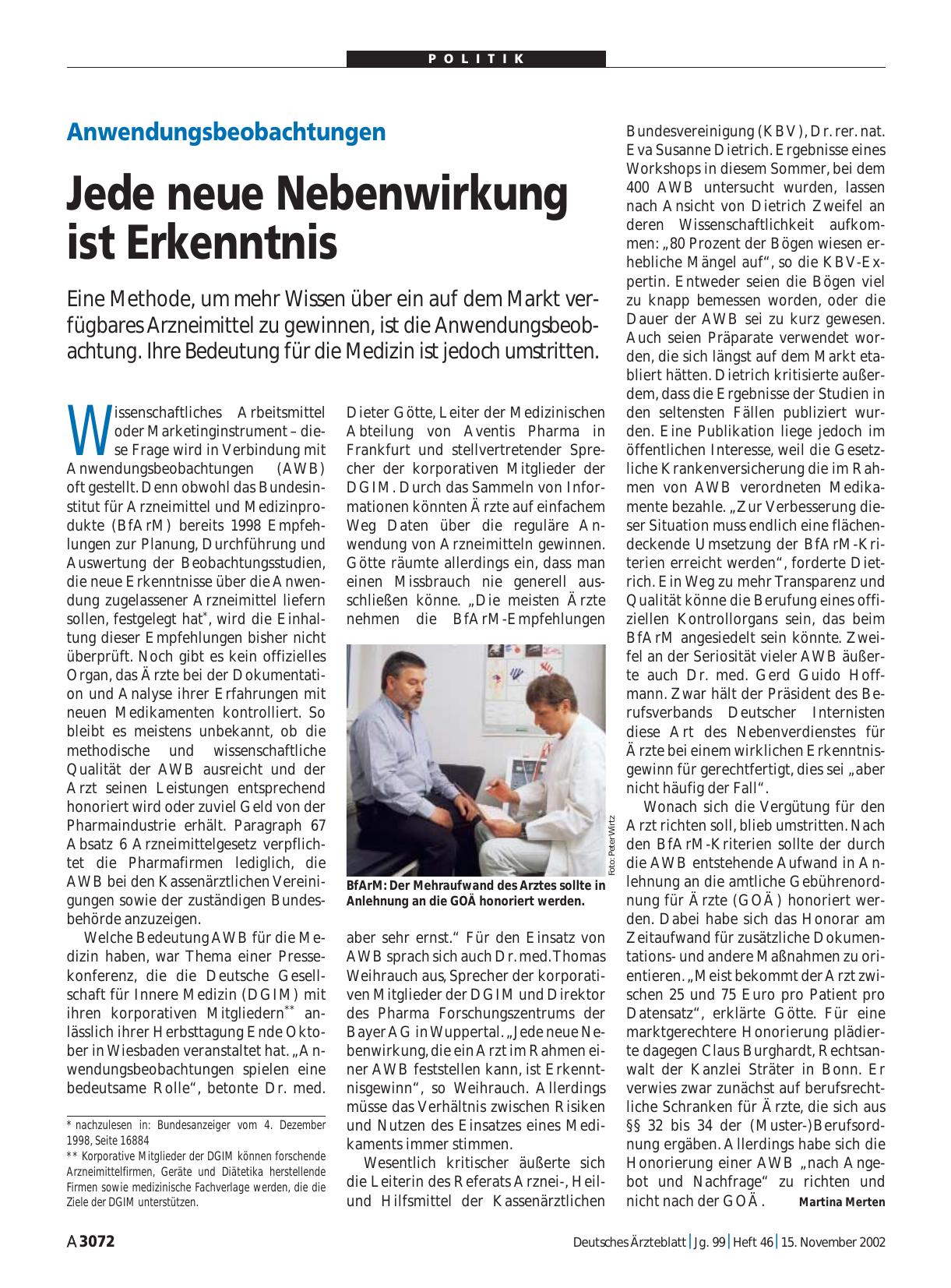 Vorschauseite 1: Anwendungsbeobachtungen: Jede neue Nebenwirkung ist Erkenntnis