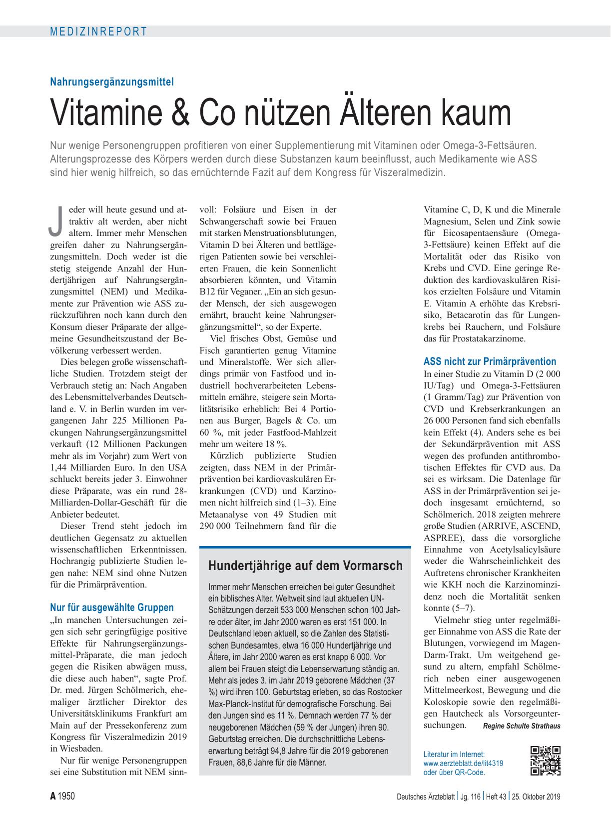 Vorschauseite 1: Nahrungsergänzungsmittel: Vitamine & Co nützen Älteren kaum