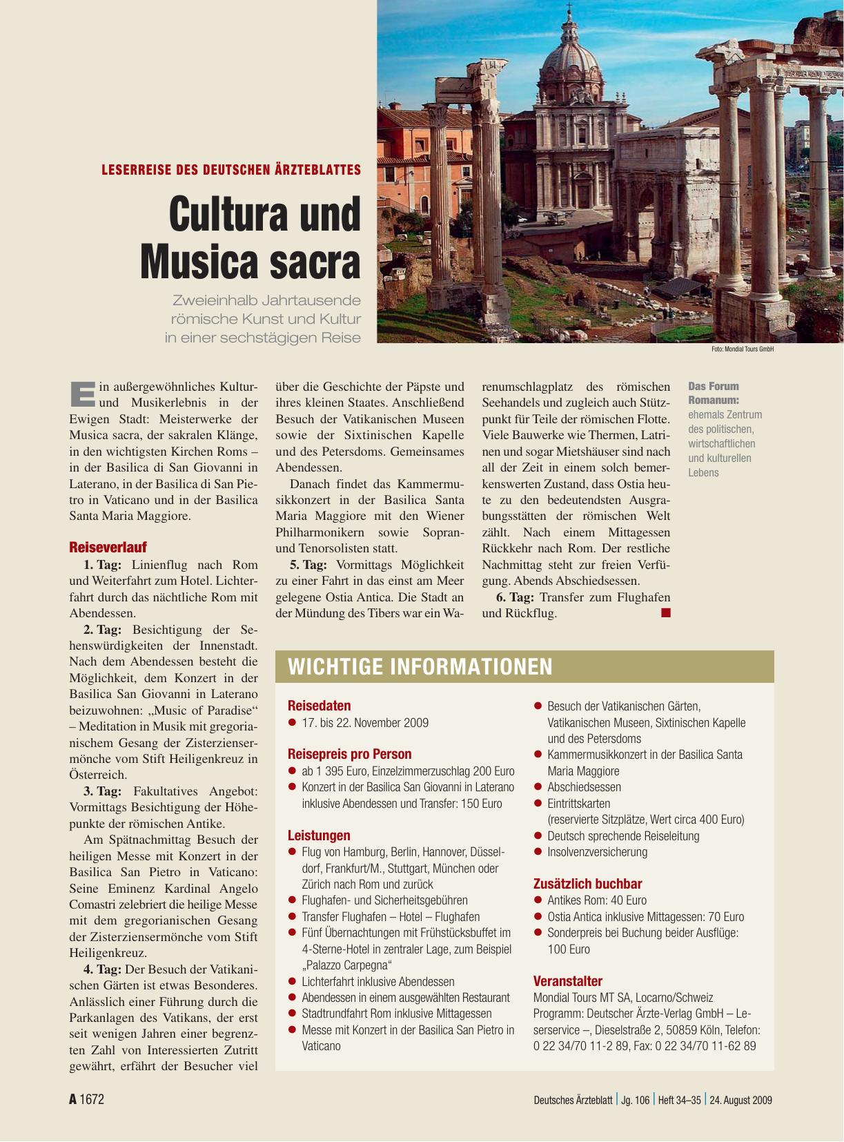 Vorschauseite 1: Leserreise des Deutschen Ärzteblattes: Cultura und Musica sacra