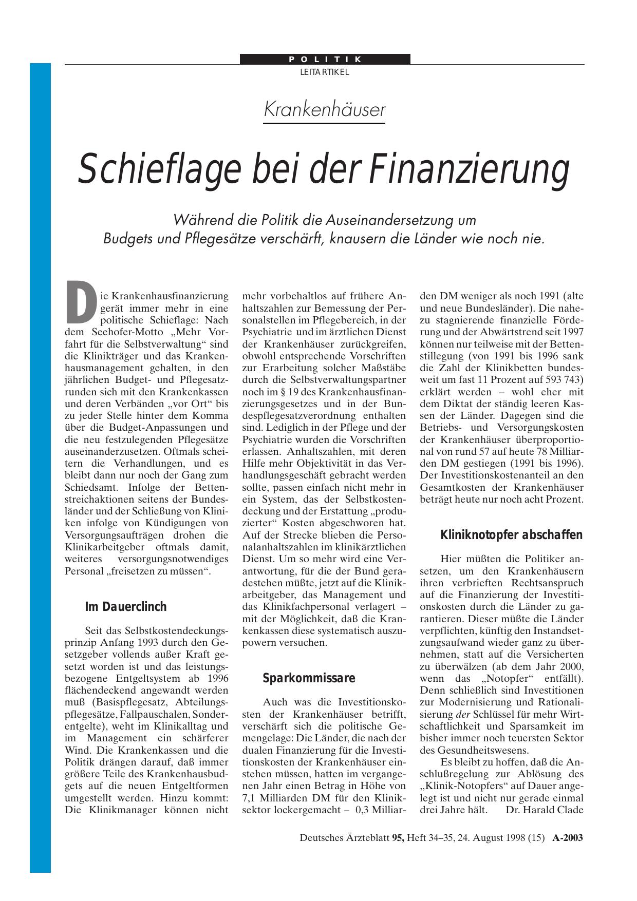 Vorschauseite 1: Krankenhäuser: Schieflage bei der Finanzierung